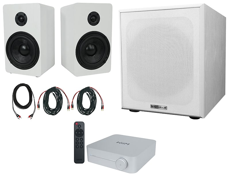 2) Rockville RockShelf 58W 5.25&quot; White Bookshelf Speakers+Bluetooth/Wifi Amp+Sub  			