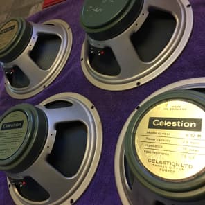 FOUR Vintage Celestion Pre-Rola Greenback 12” speakers T1221 RARE metal dust caps 25 watt 16 ohm image 1