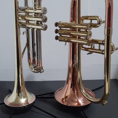 Blessing Flugelhorn & GETZEN Super Deluxe Trumpet W Combo Case & MP's - Clear Lacquer / Raw Brass image 5