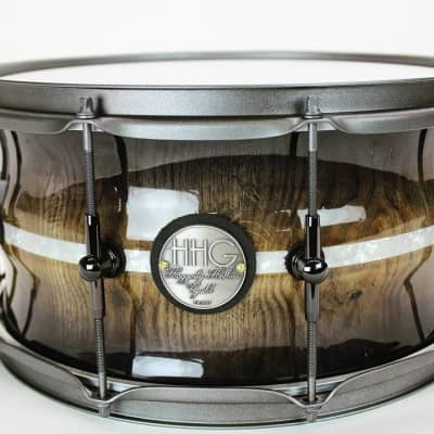 HHG Drums 14x7 Contoured White Oak Stave Snare Drum, High Gloss Whisky Burst with White Marine Pearl image 2