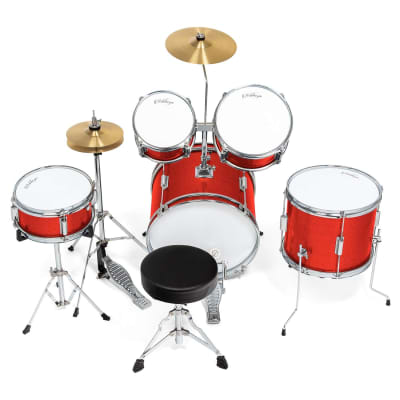 5-Piece Complete Junior Drum Set With Genuine Brass Cymbals - Advanced Beginner Kit With 16" Bass, Adjustable Throne, Cymbals, Hi-Hats, Pedals & Drumsticks - Red image 3
