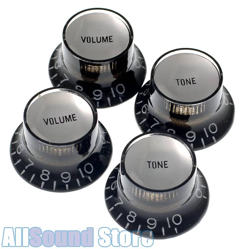 Set of 4 Embossed BLACK Bell Top Hat Knobs w/ SILVER Reverb