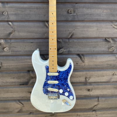 Shine Stratocaster Style Electric Guitar - White with Blue Tortoiseshell Scratch Plate image 1
