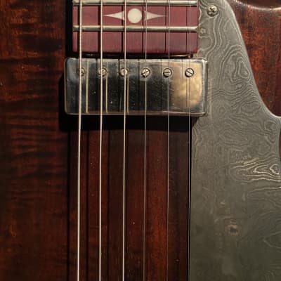 Scott Walker Katana Guitar!  As~New Elegant and simple solid body one piece old growth Curly Mahogany~Oiled, Damascus Steel Tailpiece and Pickguard, Johnny Smith pickup, Calton HSC, COA and more! image 7