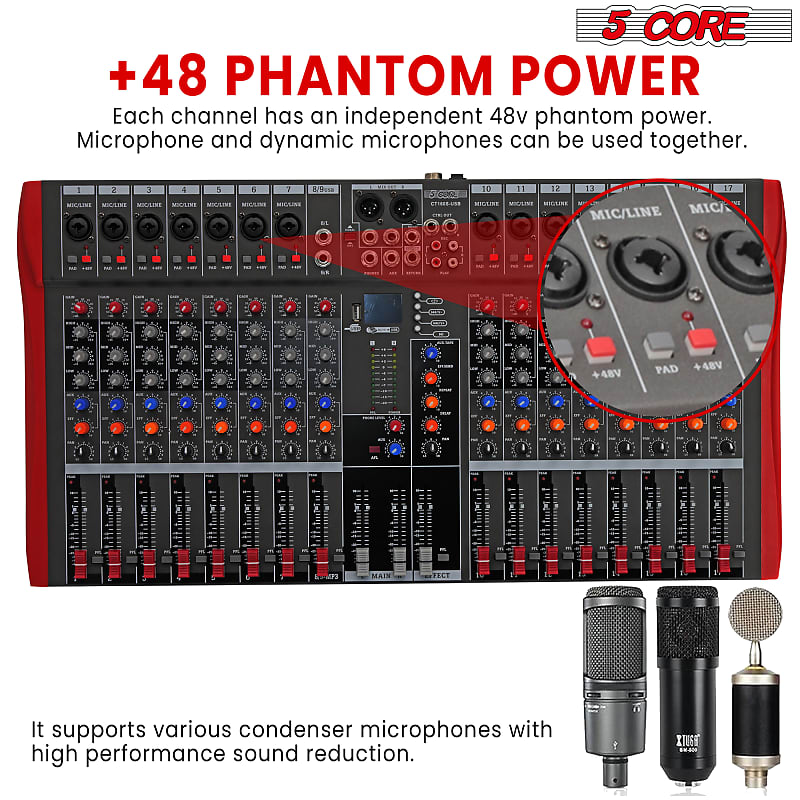  6 Channel Audio Interface DJ Mixer Sound Board USB Bluetooth  Mixer with Reverb Delay Effect Audio +48V Phantom Power Stereo Record Mixers  for Studio Streaming, Podcasting : Musical Instruments