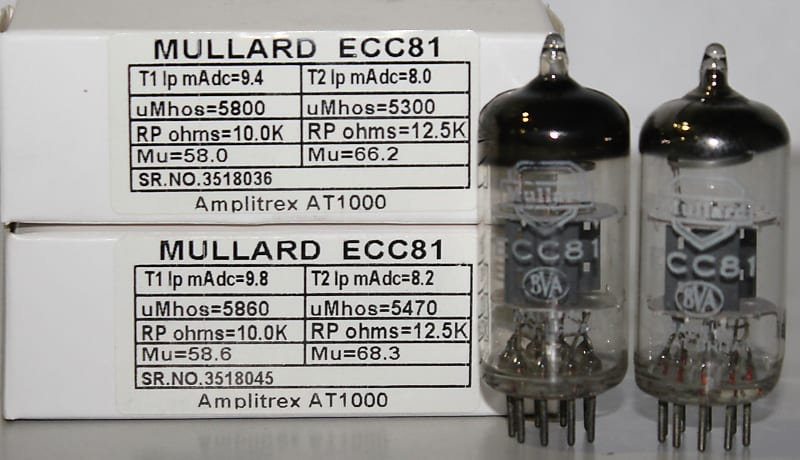 ECC81 MULLARD MATCHED PAIR MADE IN GREAT BRITAIN AMPLITREX TESTED #3518036  3518045