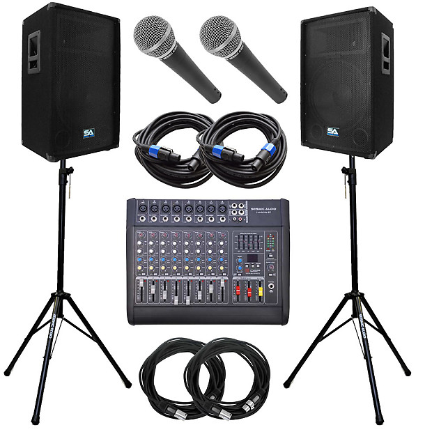 Seismic Audio Landslide8-PKG4 Complete PA Package w/ Mixer, SA15T 15" Speakers, Stands, Mics, Cables image 1