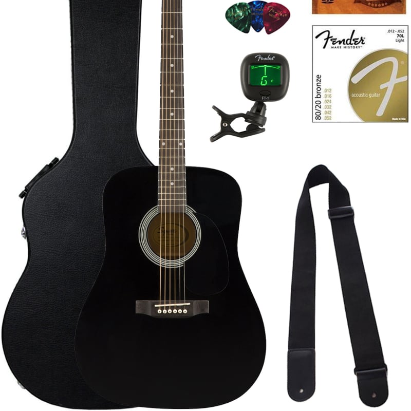 Fender Squier Dreadnought Acoustic Guitar - Black w/ Gig Bag | Reverb