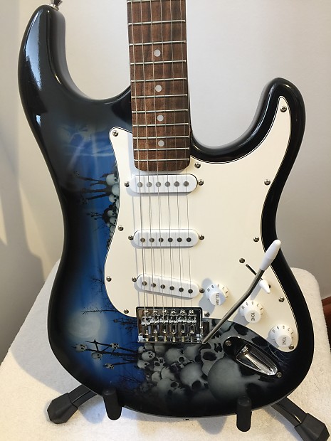 Jaxville Jaxvile Custom Reaper Strat 6 String Electric Guitar Blue Skull Blue Black