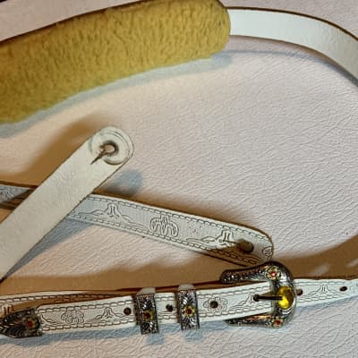 1" Gretsch Tooled Custom Padded Leather Guitar Strap White Jeweled ~50-55" image 2