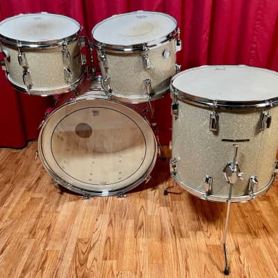 1970s Pearl Wood Fiberglass Drum Set 22/12/13/16 Silver Sparkle *Video Demo* image 12