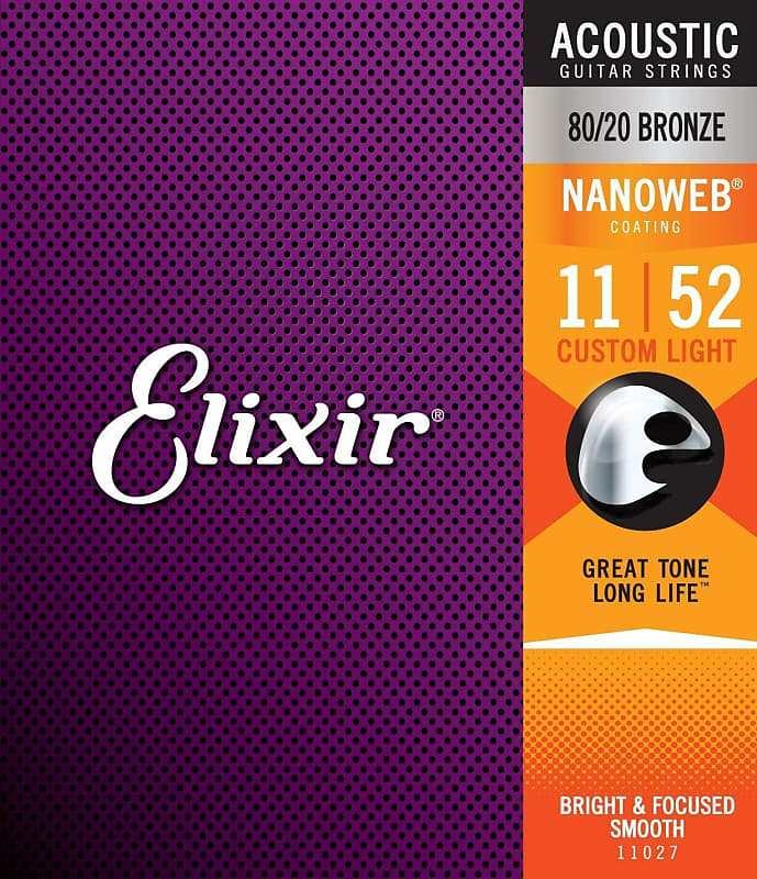 Elixir 11027 Nanoweb 80/20 Bronze Acoustic Guitar Strings .011-.052 Custom Light image 1