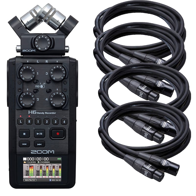 Zoom H6 Black Handy Portable Field Recorder w/ 4 Mic Cables | Reverb