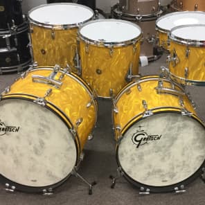 Gretsch USA Custom 12/14/16/18/20/5.5 drum set 130th anniversary New Old Stock Gold Satin Flame image 1