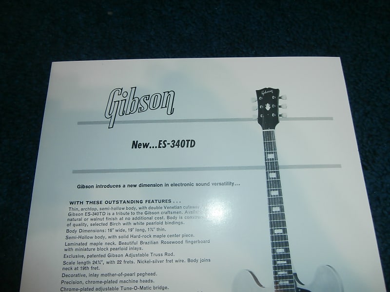 Vintage 1969 Gibson ES-340TD Electric Guitar Introduction Spec. Sheet  Flyer! Rare, Original Case Candy, Paperwork!