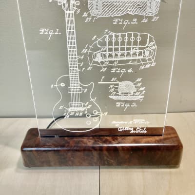 Gibson Les Paul Guitar Patent, Edge Lit Acrylic LED Sign Display, Figured Walnut,Laser Engraved image 1