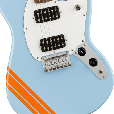 SQUIER - FSR Bullet Competition Mustang HH  Laurel Fingerboard  White Pickguard  Daphne Blue with Competition Orange Stripes image 2