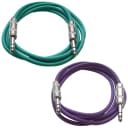 2 Pack of 1/4" TRS Patch Cables 2 Foot Extension Cords Jumper Green and Purple