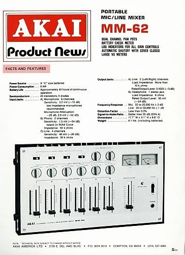 Akai mm-62 Stereo mixer Made in Japan (1978-1982) silver