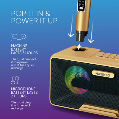 MASINGO Karaoke Machine for Adults and Kids with 2 UHF Wireless Microphones, Portable Bluetooth Singing Speaker, Colorful LED Lights, PA System, Lyrics Display Holder & TV Cable - Presto G2 Gold image 5
