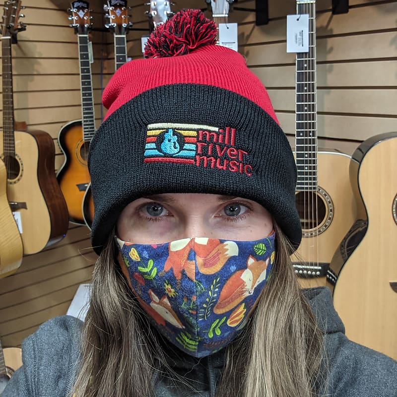 Mill River Music Embroidered Pom Pom Beanie 1st Ed Main Logo Red and Black