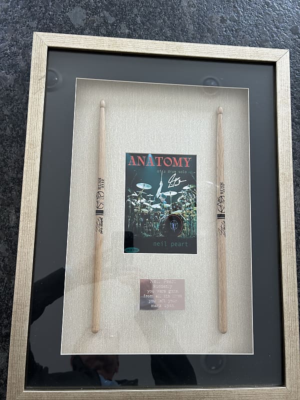 Neil Peart Autographed, Framed and Authenticated, Anatomy of A Drum Solo Promo Card with Limited Edition Sticks. image 1