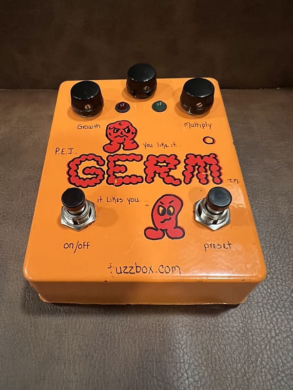 Prescription Electronics Germ Boost Overdrive Fuzz pedal. Orange with red  print.