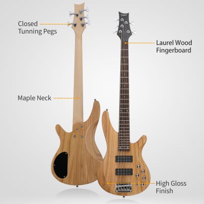 Glarry 44 Inch GIB 5 String H-H Pickup Laurel Wood Fingerboard Electric Bass Guitar with Bag and other Accessories 2020s - Burlywood image 3