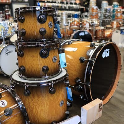 DW Collector's Series Exotic Cherry/ Mahogany 5-PC Shell Pack 10/12/16/22/14Sn (Inca Gold to Candy Black Burst over Quilted Moabi w/ Black Nickel Hardware) image 4