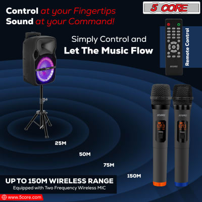5 Core DJ speakers 8" Rechargeable Powered PA system 250W Loud Speaker Bluetooth USB SD Card AUX MP3 FM LED Ring - ACTIVE HOME 8 2-MIC image 15
