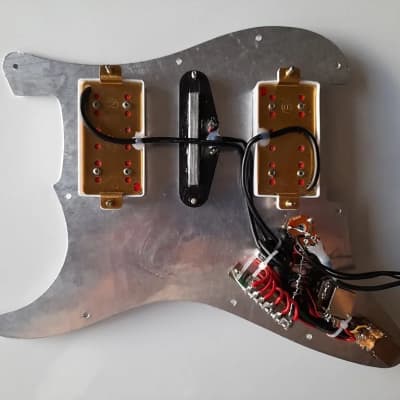 Handmade prewired HSH Neodymium Strat pickguard with HB split switch TR BL and mid PU cutoff switch image 9