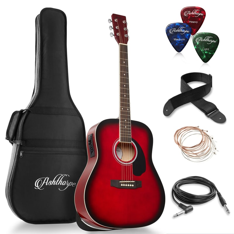 Full-Size Left-Hand Cutaway Thinline Acoustic-Electric Guitar, Red