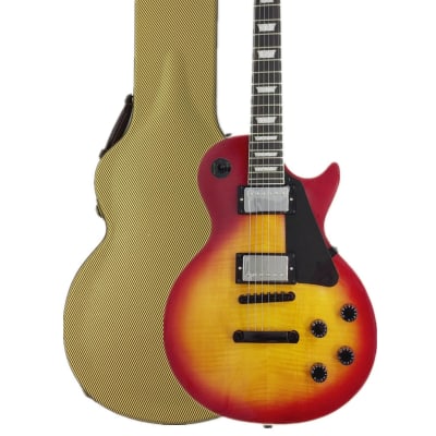 Haze HSG9TCS Solid Body Flame Maple Cherry Top Electric Guitar, Sunburst w/Accessories - With yellow case image 1
