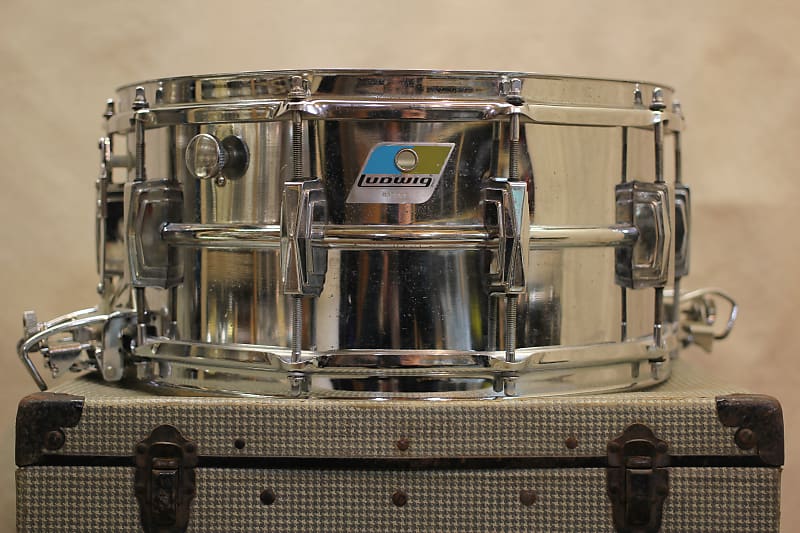 Ludwig No. 411 Super-Sensitive 6.5x14" Aluminum Snare Drum with Pointed Blue/Olive Badge 1969 - 1979 image 3