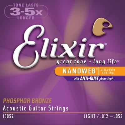 Elixir Strings 16052 Nanoweb Phosphor Bronze Acoustic Guitar Strings - .012-.053 Light image 1