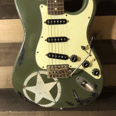 Von K Guitars S-Time ODAS Stratocaster F Hole Aged Olive Drab Army Star Nitro Lacquer Finish image 3