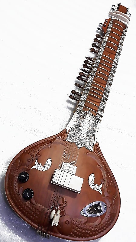 Acoustic Electric Indian Fusion Sitar + Guitar.  Lacquered Natural Cedar Color. Kissing Fish Motif image 1