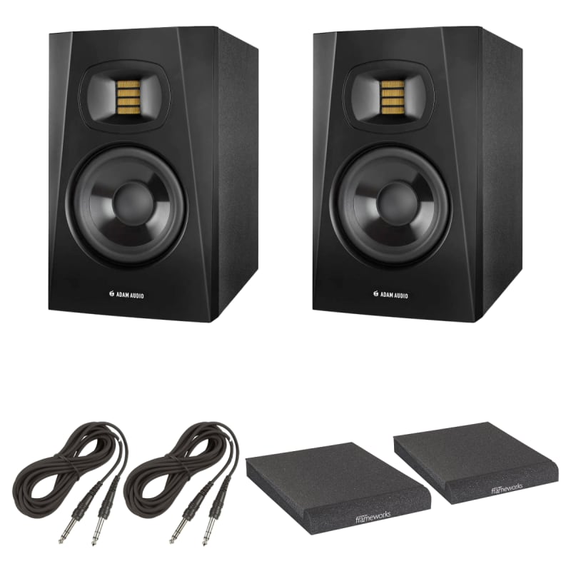 Adam Audio T7V Studio Monitor (Pair) with Frameworks Isolation Pads, Hosa  Interconnect Cables, XLR Cables and Clamp-On Studio Monitor Stands