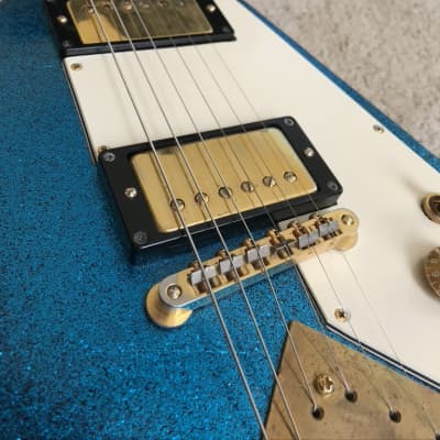 1992 Matteson Korina 58 Style Flying V electric guitar rare BLUE SPARKLE FINISH image 11