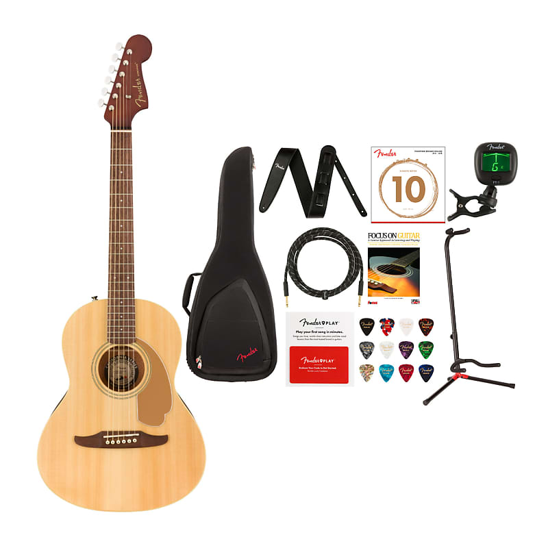 Fender Sonoran Mini Natural Acoustic Guitar with Bag, Strap, Cable, Stand,  Tuner, Strings, Focus On Guitar, Guitar Picks and Prepaid Card Bundle