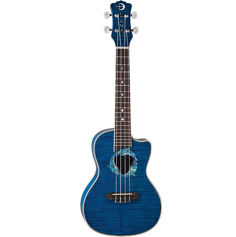 Luna Dolphin Concert Flame Top A/E Ukulele, Trans Blue image 1