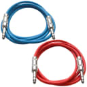 2 Pack of 1/4" TRS Patch Cables 3 Foot Extension Cords Jumper Blue and Red
