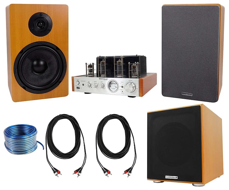 Rockville BluTube Bluetooth Tube Amplifier+6.5 inches Wood Bookshelf Speakers+8 inches Sub  			