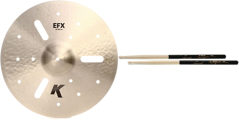 Zildjian 18 inch K Zildjian EFX Cymbal  Bundle with Zildjian Hickory Dip Series Drumsticks - 5A - Wood Tip - Black image 1