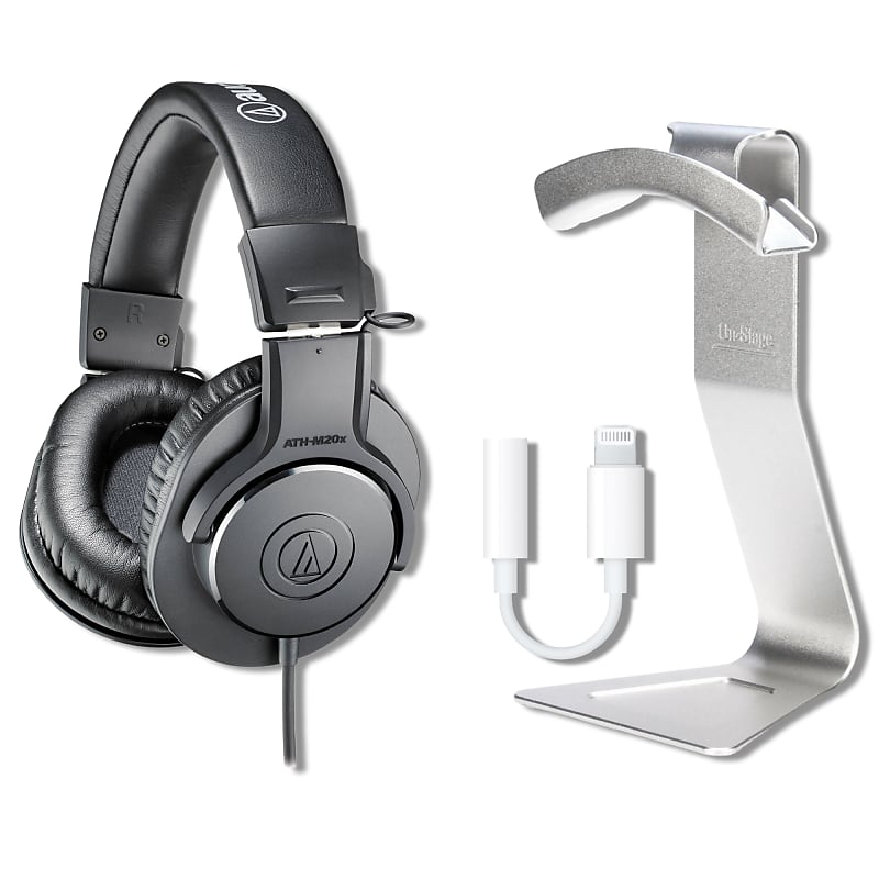 Audio-Technica ATH-M20x Closed-Back Monitor Headphones with On-Stage Stands HH7000 Desktop Headphone Hanger, Calrad 42-222 Lightning to 3.5mm Headphone Adapter and StreamEye Polishing Cloth  			