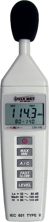 Galaxy Audio CM-140 Check Mate SPL Meter for Acoustic Measurement with Included Windscreen and Battery - White image 1