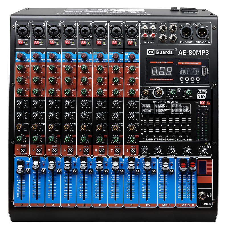 Audio Mixer, 8 channels with 256 DSP Effects, 7-band EQ,Independent 48V Phantom Power&Mute Button,Bluetooth Function,USB Interface Recording For Studio & Stage (AE80) image 1