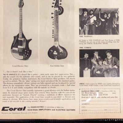 Coral Vincent Bell Sitar Semi-Hollow Body Electric Guitar, made by Danelectro (1968), ser. #828028, black tolex hard shell case. image 12