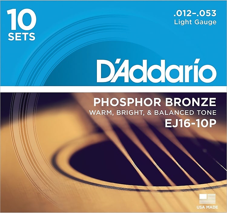D'Addario EJ16 Phosphor Bronze Acoustic Guitar Strings - .012-.053 Light (10-pack) image 1