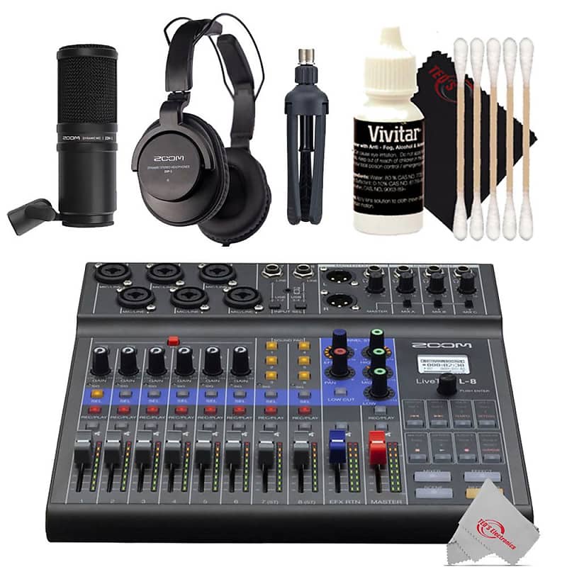 Zoom LiveTrak L-8 Portable Podcast 8-Track Digital Mixer And Multitrack  Recorder + Zoom ZDM-1 Podcast Mic Pack Accessory Bundle With Microphone,